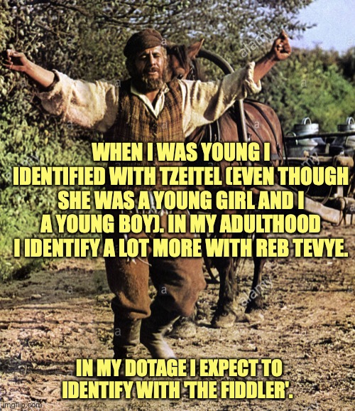 Changes | WHEN I WAS YOUNG I IDENTIFIED WITH TZEITEL (EVEN THOUGH SHE WAS A YOUNG GIRL AND I A YOUNG BOY). IN MY ADULTHOOD I IDENTIFY A LOT MORE WITH REB TEVYE. IN MY DOTAGE I EXPECT TO IDENTIFY WITH 'THE FIDDLER'. | image tagged in fiddler on the roof,maturity,life,aging,parenting,family | made w/ Imgflip meme maker
