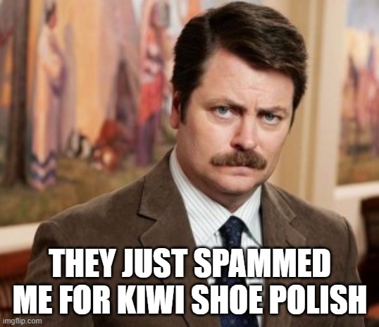 Ron Swanson Meme | THEY JUST SPAMMED ME FOR KIWI SHOE POLISH | image tagged in memes,ron swanson | made w/ Imgflip meme maker