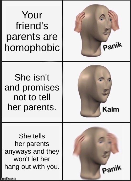 This is my fear of what would hapen bc oneof my close friends that lives on my blocks parents are homophobic :(( | Your friend's parents are homophobic; She isn't and promises not to tell her parents. She tells her parents anyways and they won't let her hang out with you. | image tagged in memes,panik kalm panik | made w/ Imgflip meme maker