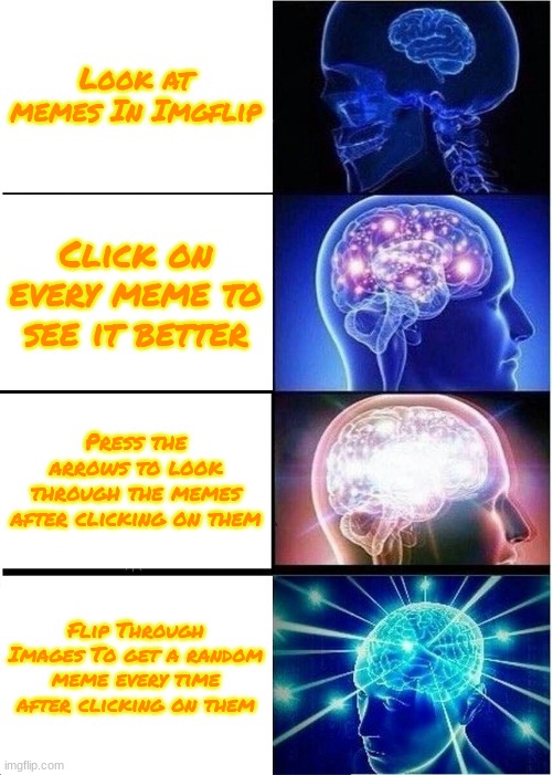 The last one is how you're supposed to do it. | Look at memes In Imgflip; Click on every meme to see it better; Press the arrows to look through the memes after clicking on them; Flip Through Images To get a random meme every time after clicking on them | image tagged in memes,expanding brain | made w/ Imgflip meme maker