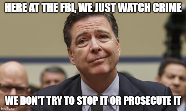 Comey Don't Know | HERE AT THE FBI, WE JUST WATCH CRIME WE DON'T TRY TO STOP IT OR PROSECUTE IT | image tagged in comey don't know | made w/ Imgflip meme maker