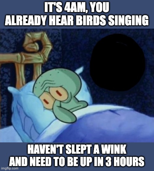 sleep... oh no | IT'S 4AM, YOU ALREADY HEAR BIRDS SINGING; HAVEN'T SLEPT A WINK AND NEED TO BE UP IN 3 HOURS | image tagged in squidward sleeping,sleep,insomnia,4am | made w/ Imgflip meme maker