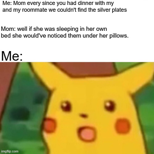 Dang | Me: Mom every since you had dinner with my and my roommate we couldn't find the silver plates; Mom: well if she was sleeping in her own bed she would've noticed them under her pillows. Me: | image tagged in memes,surprised pikachu | made w/ Imgflip meme maker