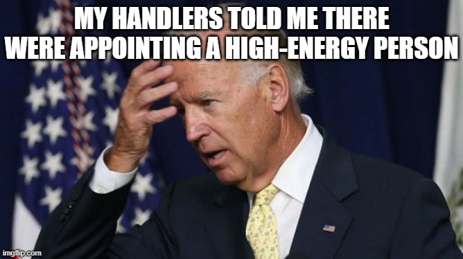 Joe Biden worries | MY HANDLERS TOLD ME THERE WERE APPOINTING A HIGH-ENERGY PERSON | image tagged in joe biden worries | made w/ Imgflip meme maker