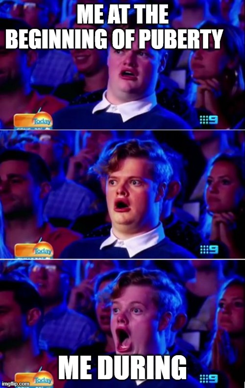 Surprised gay guy meme | ME AT THE BEGINNING OF PUBERTY; ME DURING | image tagged in surprised gay guy meme | made w/ Imgflip meme maker