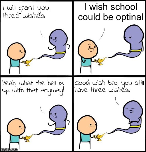 3 Wishes | I wish school could be optional | image tagged in 3 wishes | made w/ Imgflip meme maker