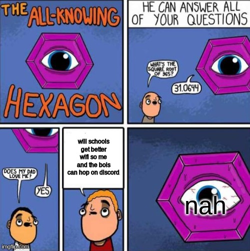 All knowing hexagon (ORIGINAL) | will schools get better wifi so me and the bois can hop on discord; nah | image tagged in all knowing hexagon original | made w/ Imgflip meme maker