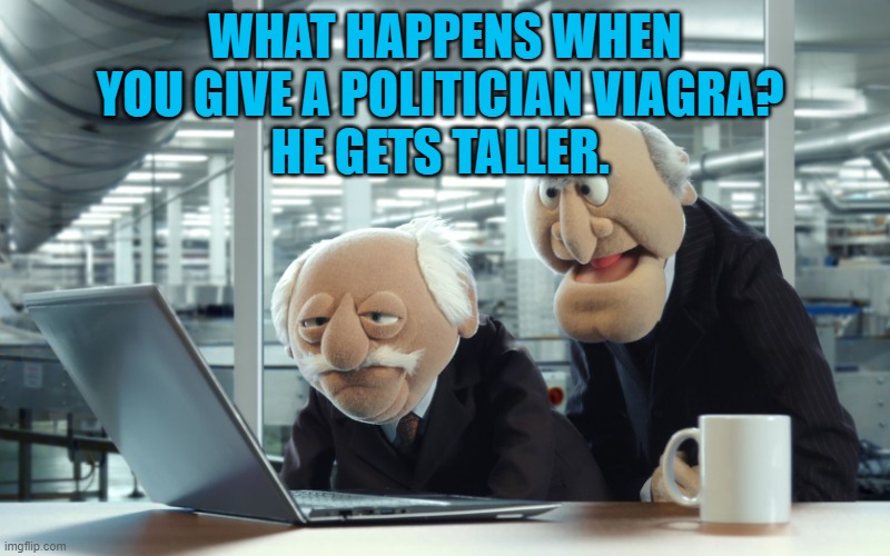 WHAT HAPPENS WHEN YOU GIVE A POLITICIAN VIAGRA? 
HE GETS TALLER. | image tagged in muppets | made w/ Imgflip meme maker
