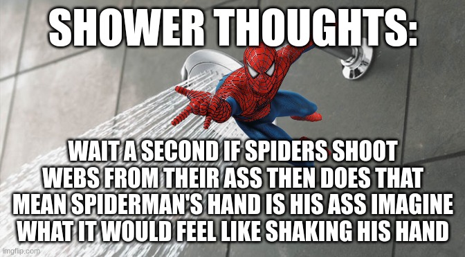 shower thoughts | SHOWER THOUGHTS:; WAIT A SECOND IF SPIDERS SHOOT WEBS FROM THEIR ASS THEN DOES THAT MEAN SPIDERMAN'S HAND IS HIS ASS IMAGINE WHAT IT WOULD FEEL LIKE SHAKING HIS HAND | image tagged in shower thoughts,spiderman | made w/ Imgflip meme maker