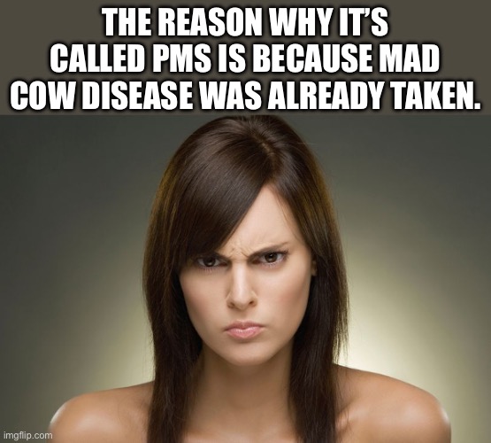 PMS | THE REASON WHY IT’S CALLED PMS IS BECAUSE MAD COW DISEASE WAS ALREADY TAKEN. | image tagged in angry woman 600x400 | made w/ Imgflip meme maker