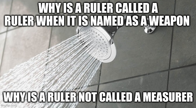 tf? | WHY IS A RULER CALLED A RULER WHEN IT IS NAMED AS A WEAPON; WHY IS A RULER NOT CALLED A MEASURER | image tagged in shower thoughts | made w/ Imgflip meme maker