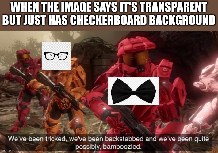 we've been tricked | WHEN THE IMAGE SAYS IT'S TRANSPARENT BUT JUST HAS CHECKERBOARD BACKGROUND | image tagged in we've been tricked,transparent | made w/ Imgflip meme maker