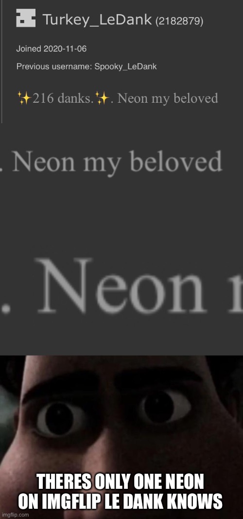 THERES ONLY ONE NEON ON IMGFLIP LE DANK KNOWS | image tagged in titan stare | made w/ Imgflip meme maker