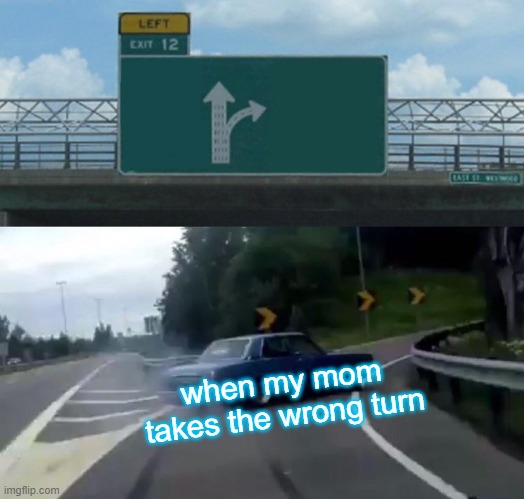 Left Exit 12 Off Ramp Meme | when my mom takes the wrong turn | image tagged in memes,left exit 12 off ramp | made w/ Imgflip meme maker