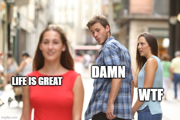 What they're all thinking | DAMN; LIFE IS GREAT; WTF | made w/ Imgflip meme maker