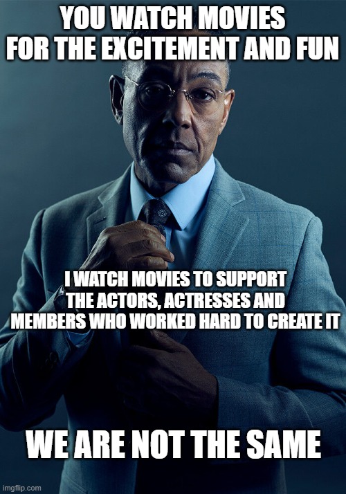 POV Movies | YOU WATCH MOVIES FOR THE EXCITEMENT AND FUN; I WATCH MOVIES TO SUPPORT THE ACTORS, ACTRESSES AND MEMBERS WHO WORKED HARD TO CREATE IT; WE ARE NOT THE SAME | image tagged in gus fring we are not the same,movies,funny,memes | made w/ Imgflip meme maker