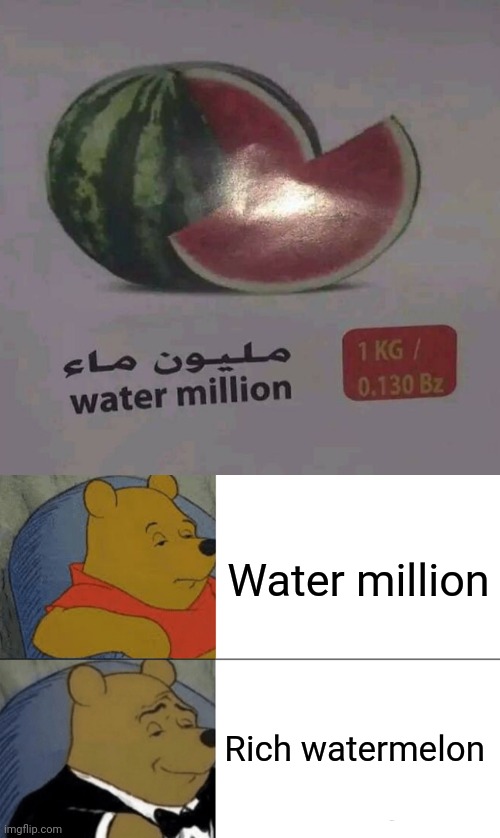 Water million | Water million; Rich watermelon | image tagged in memes,tuxedo winnie the pooh,watermelon,watermelons,you had one job,meme | made w/ Imgflip meme maker