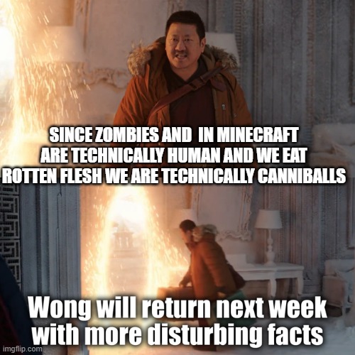 wong disturbing facts | SINCE ZOMBIES AND  IN MINECRAFT ARE TECHNICALLY HUMAN AND WE EAT ROTTEN FLESH WE ARE TECHNICALLY CANNIBALLS | image tagged in wong disturbing facts | made w/ Imgflip meme maker