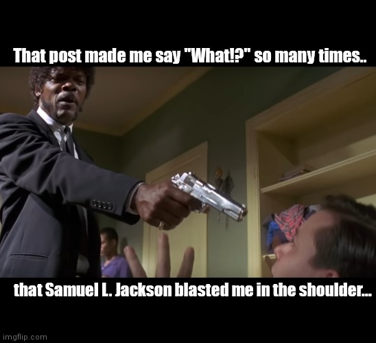 Does he look like a b1tch? | That post made me say "What!?" so many times.. that Samuel L. Jackson blasted me in the shoulder... | image tagged in funny | made w/ Imgflip meme maker