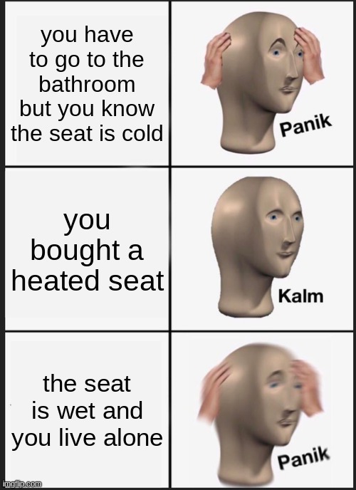 *shiver shiver* | you have to go to the bathroom but you know the seat is cold; you bought a heated seat; the seat is wet and you live alone | image tagged in memes,panik kalm panik | made w/ Imgflip meme maker