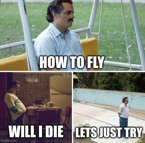 how to fly | HOW TO FLY; WILL I DIE; LETS JUST TRY | image tagged in memes,sad pablo escobar | made w/ Imgflip meme maker