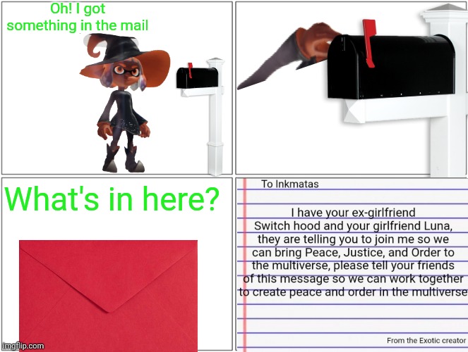 Teaser for my upcoming villian | Oh! I got something in the mail; What's in here? | image tagged in memes,blank comic panel 2x2 | made w/ Imgflip meme maker