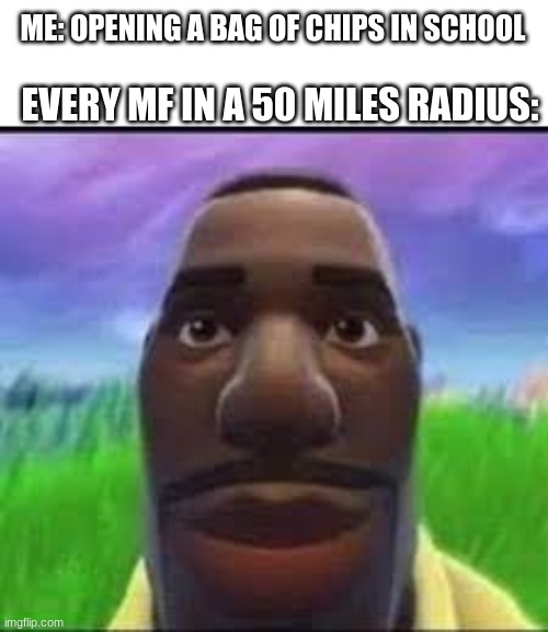 fortnite guy staring into your soul | ME: OPENING A BAG OF CHIPS IN SCHOOL; EVERY MF IN A 50 MILES RADIUS: | image tagged in fortnite,yeet,detroy the child corrupt them all,stop read the tags | made w/ Imgflip meme maker