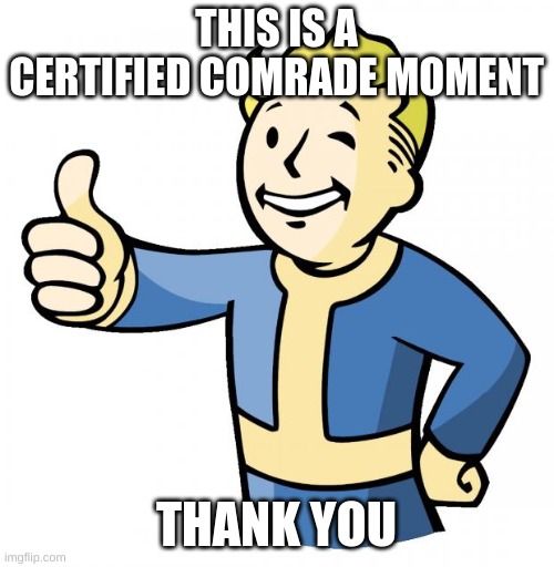 Fallout thumb up | THIS IS A CERTIFIED COMRADE MOMENT THANK YOU | image tagged in fallout thumb up | made w/ Imgflip meme maker