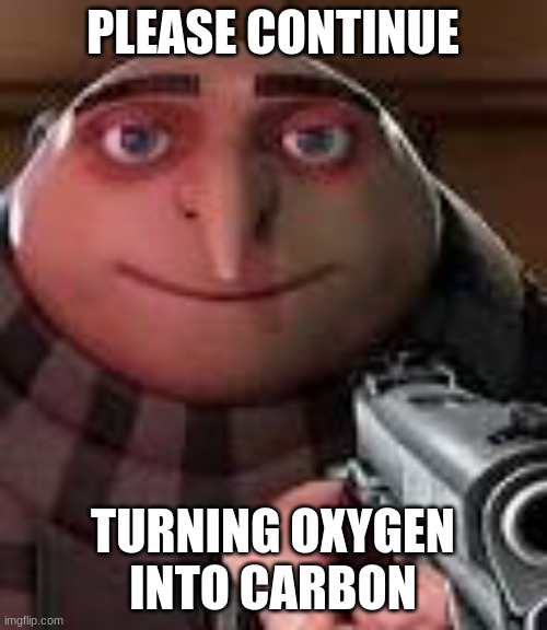 Gru with Gun | PLEASE CONTINUE; TURNING OXYGEN INTO CARBON | image tagged in gru with gun | made w/ Imgflip meme maker