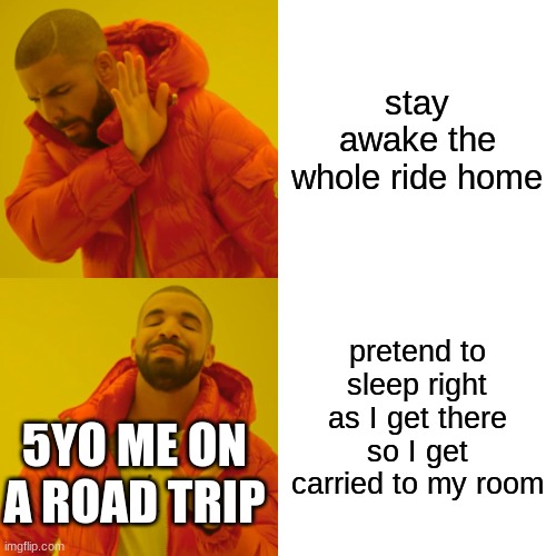 Drake Hotline Bling Meme | stay awake the whole ride home; pretend to sleep right as I get there so I get carried to my room; 5YO ME ON A ROAD TRIP | image tagged in memes,drake hotline bling | made w/ Imgflip meme maker