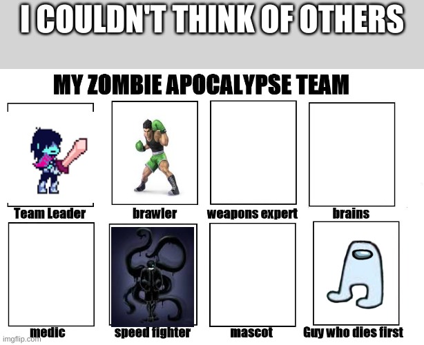 [insert clever title] | I COULDN'T THINK OF OTHERS | image tagged in my zombie apocalypse team | made w/ Imgflip meme maker