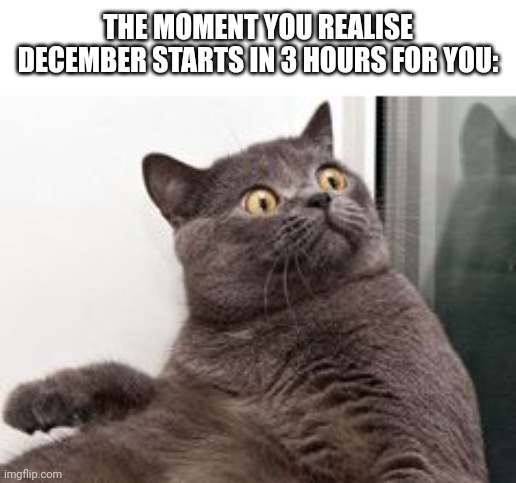 Dumb Meme #75 | THE MOMENT YOU REALISE DECEMBER STARTS IN 3 HOURS FOR YOU: | image tagged in the moment when you realise exams are in a month | made w/ Imgflip meme maker