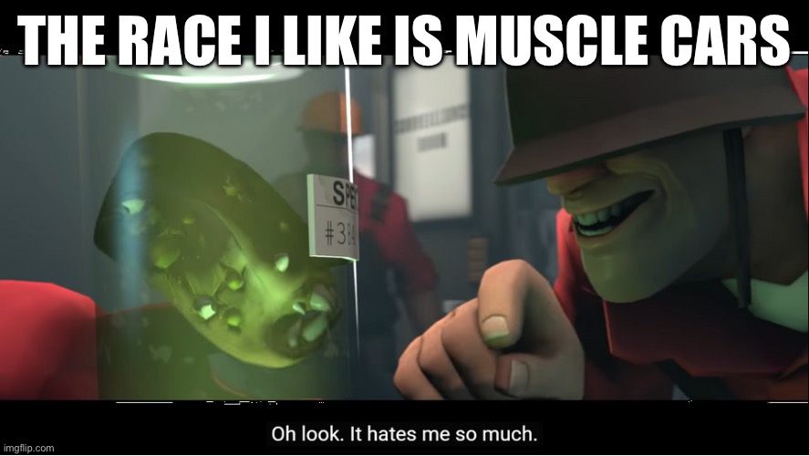 Answer to my previous meme | THE RACE I LIKE IS MUSCLE CARS | image tagged in it hates me so much | made w/ Imgflip meme maker