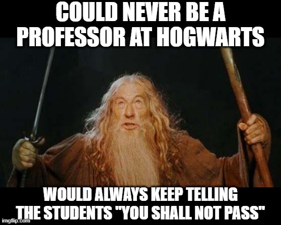 No Pass | COULD NEVER BE A PROFESSOR AT HOGWARTS; WOULD ALWAYS KEEP TELLING THE STUDENTS "YOU SHALL NOT PASS" | image tagged in gandalf | made w/ Imgflip meme maker