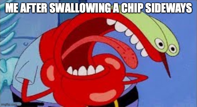 THE WORST PAIN!! | ME AFTER SWALLOWING A CHIP SIDEWAYS | image tagged in mr krabs choking,funny memes,potato chips,relatable memes | made w/ Imgflip meme maker