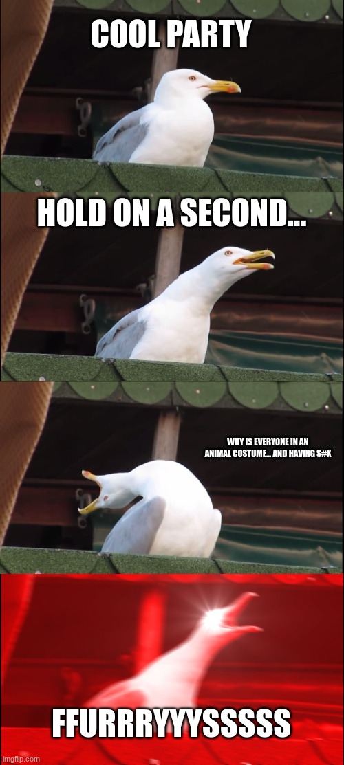 Inhaling Seagull Meme | COOL PARTY; HOLD ON A SECOND... WHY IS EVERYONE IN AN ANIMAL COSTUME... AND HAVING S#X; FFURRRYYYSSSSS | image tagged in memes,inhaling seagull | made w/ Imgflip meme maker
