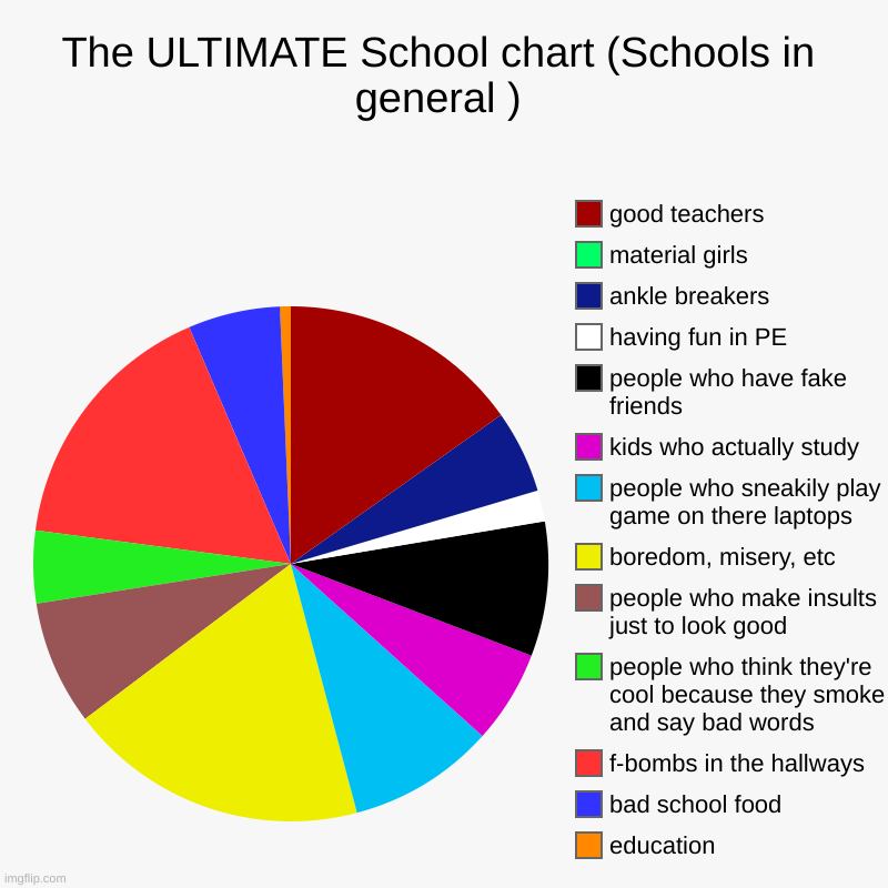 The ULTIMATE School chart (Schools in general ) | education, bad school food, f-bombs in the hallways, people who think they're cool because | image tagged in charts,pie charts | made w/ Imgflip chart maker