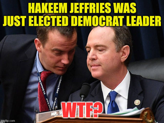 OMG...  LMAO | HAKEEM JEFFRIES WAS JUST ELECTED DEMOCRAT LEADER; WTF? | image tagged in adam schiff and aide | made w/ Imgflip meme maker