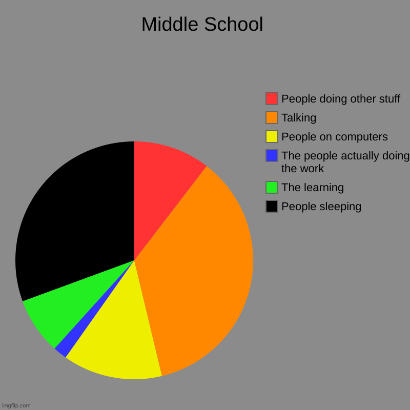 My class basically :/ | Middle School | People sleeping, The learning, The people actually doing the work, People on computers, Talking, People doing other stuff | image tagged in charts,pie charts | made w/ Imgflip chart maker
