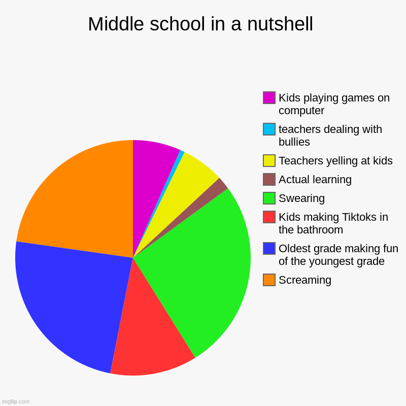 Tell me about your middle school experiences | Middle school in a nutshell | Screaming, Oldest grade making fun of the youngest grade, Kids making Tiktoks in the bathroom, Swearing, Actua | image tagged in charts,pie charts,middle school,school | made w/ Imgflip chart maker