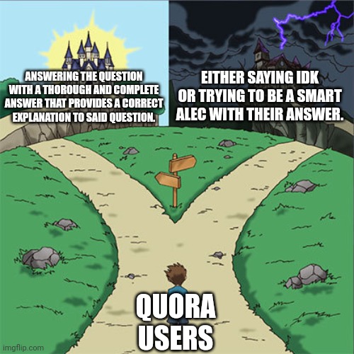 Quora | EITHER SAYING IDK OR TRYING TO BE A SMART ALEC WITH THEIR ANSWER. ANSWERING THE QUESTION WITH A THOROUGH AND COMPLETE ANSWER THAT PROVIDES A CORRECT EXPLANATION TO SAID QUESTION. QUORA USERS | image tagged in two paths,memes,question,answer | made w/ Imgflip meme maker