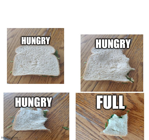 Every meal I have ever eaten: |  HUNGRY; HUNGRY; HUNGRY; FULL | image tagged in blank white template,sandwich,food,hungry,eating,relatable | made w/ Imgflip meme maker