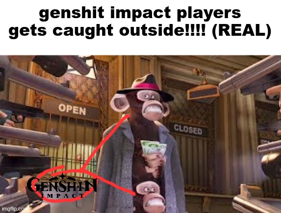 they got arrested ahurr ahurr ahurrr | genshit impact players gets caught outside!!!! (REAL) | image tagged in monkeys get caught | made w/ Imgflip meme maker