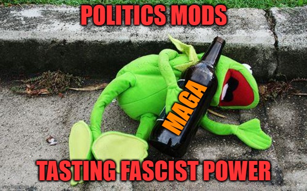 Drunk Kermit | POLITICS MODS TASTING FASCIST POWER MAGA | image tagged in drunk kermit | made w/ Imgflip meme maker