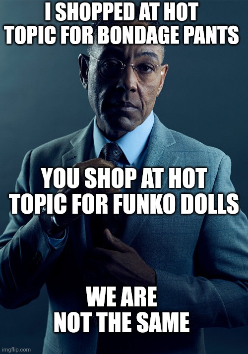 Gus Fring we are not the same | I SHOPPED AT HOT TOPIC FOR BONDAGE PANTS; YOU SHOP AT HOT TOPIC FOR FUNKO DOLLS; WE ARE NOT THE SAME | image tagged in gus fring we are not the same,memes | made w/ Imgflip meme maker