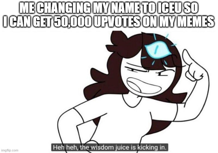 Jaiden animations wisdom juice |  ME CHANGING MY NAME TO ICEU SO I CAN GET 50,000 UPVOTES ON MY MEMES | image tagged in memes,funny,wisdom,yeah this is big brain time,iceu,sneak 100 | made w/ Imgflip meme maker