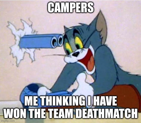 tom shotgun | CAMPERS; ME THINKING I HAVE WON THE TEAM DEATHMATCH | image tagged in tom shotgun | made w/ Imgflip meme maker