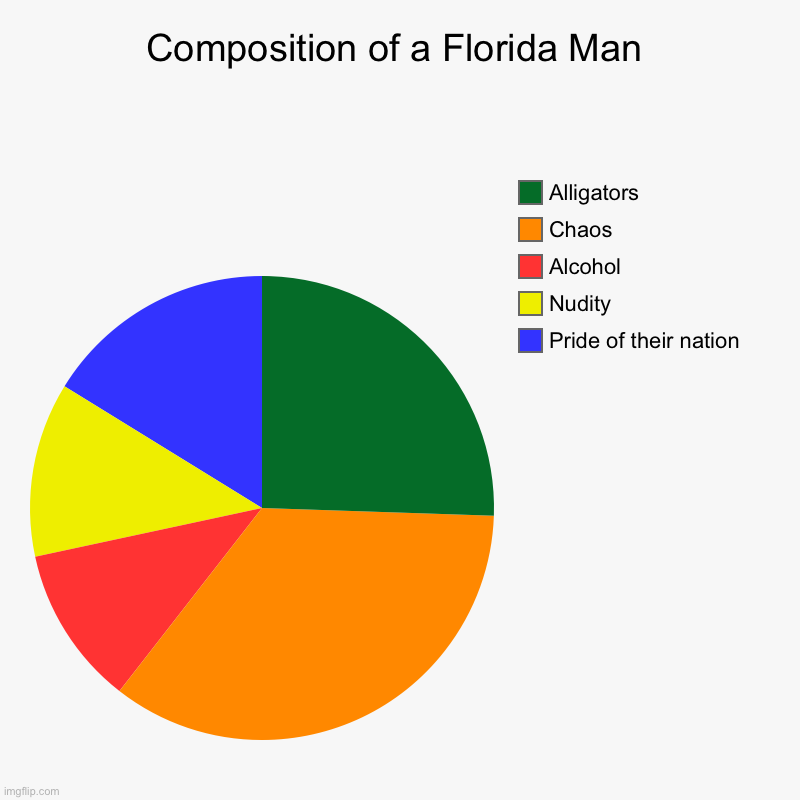 I live in Florida so I know | Composition of a Florida Man | Pride of their nation, Nudity , Alcohol , Chaos, Alligators | image tagged in charts,pie charts | made w/ Imgflip chart maker