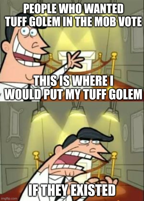 tuff golem | PEOPLE WHO WANTED TUFF GOLEM IN THE MOB VOTE; THIS IS WHERE I WOULD PUT MY TUFF GOLEM; IF THEY EXISTED | image tagged in memes,this is where i'd put my trophy if i had one | made w/ Imgflip meme maker