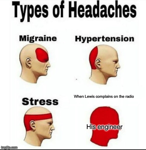 Types of Headaches meme | When Lewis complains on the radio; His engineer | image tagged in types of headaches meme | made w/ Imgflip meme maker